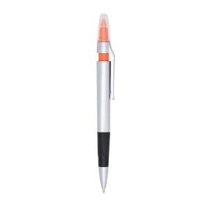 Caneta Plástica C/ Marca Texto — Laranja / Prata