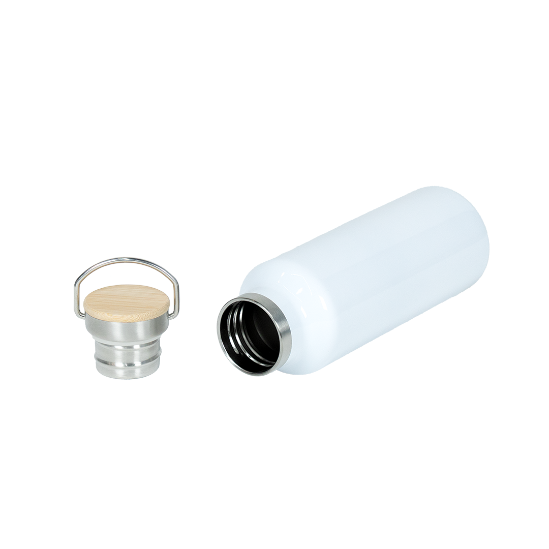 Garrafa Térmica Personalizada Branca Tampa Bambu 500 ml