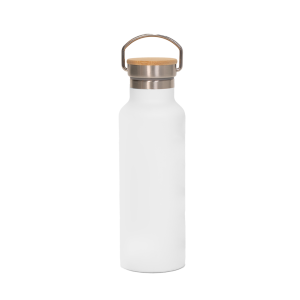 Garrafa Térmica Personalizada Branca Fosca Tampa Bambu 500 ml