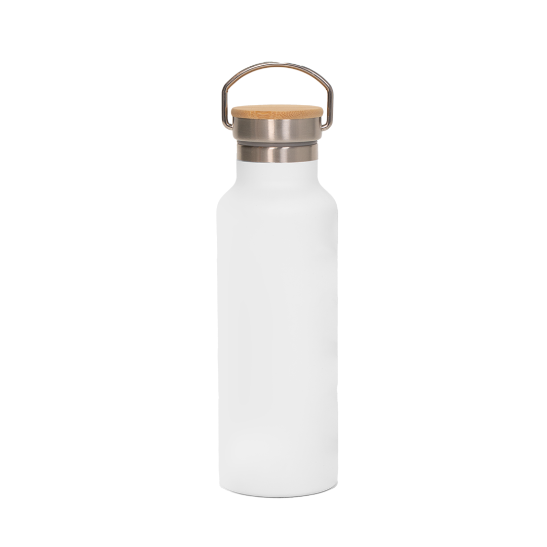Garrafa Térmica Personalizada Branca Fosca Tampa Bambu 500 ml