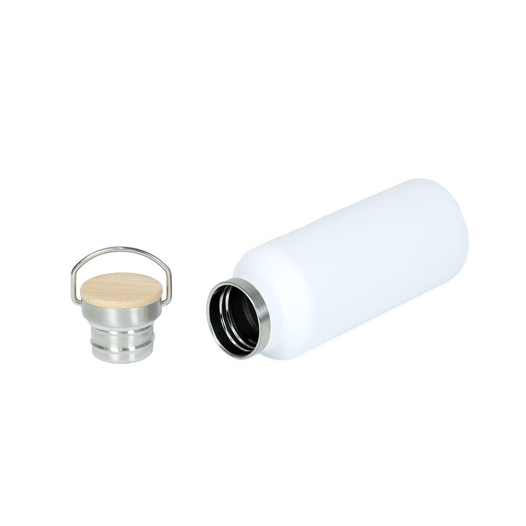 Garrafa Térmica Personalizada Branca Fosca Tampa Bambu 500 ml