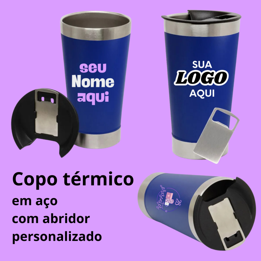 Copo Térmico Personalizado Tampa com Abridor Azul Escuro 473 ml - vista frontal