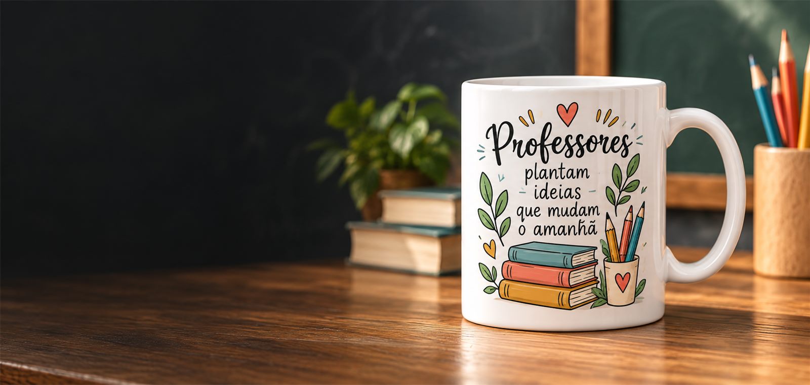 Caneca personalizada para professora em uma mesa de sala de aula