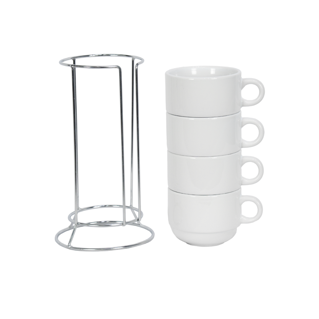 Kit Personalizado 4 Xícaras Brancas com Suporte de Metal 180 ml