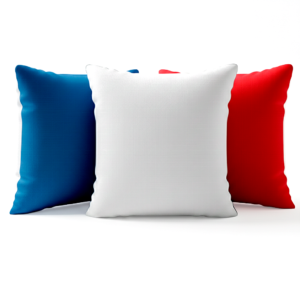 Modelo da almofada 40x40 com face branca para personalização e verso colorido.