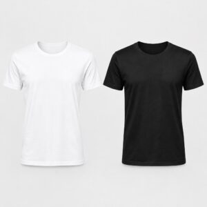 Camiseta adulta branca e camiseta preta lisas de manga curta com gola redonda, fotografadas em estúdio sem estampas