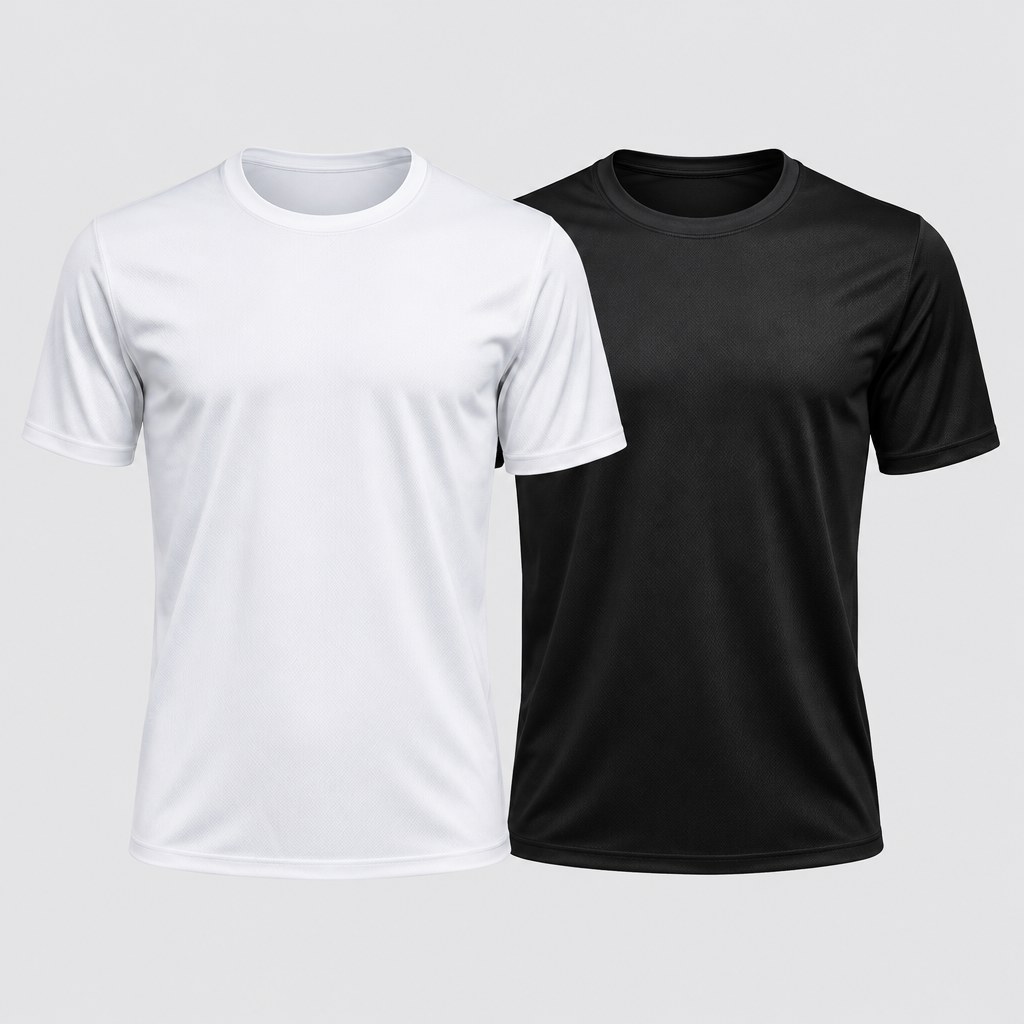 Camiseta Dry Fit Personalizada - Gola Redonda 1 Duas camisetas esportivas Dry Fit lisas de gola redonda, branca e preta, sem estampa
