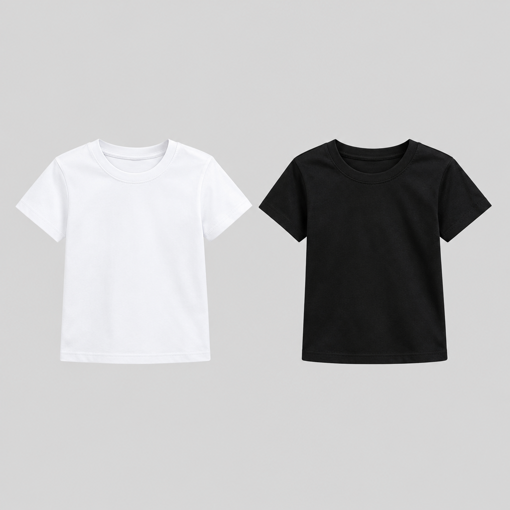 Camiseta Infantil de Poliéster Personalizada - Gola Redonda 1 Duas camisetas infantis lisas, uma branca e outra preta, gola redonda e manga curta