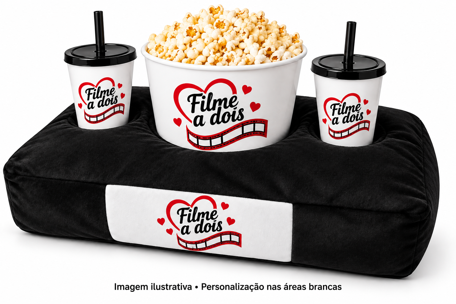 Almofada porta-pipoca duplo horizontal com balde e dois copos encaixados. Arte Filme a Dois somente nas áreas brancas. Imagem ilustrativa.